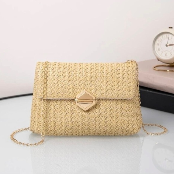 straw bag adjustable gold chain crossbody shoulder Boho spring summer neutral - Picture 8 of 8